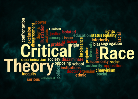 Critical race theory is spelled out in a word cloud, which also shows closely related words.