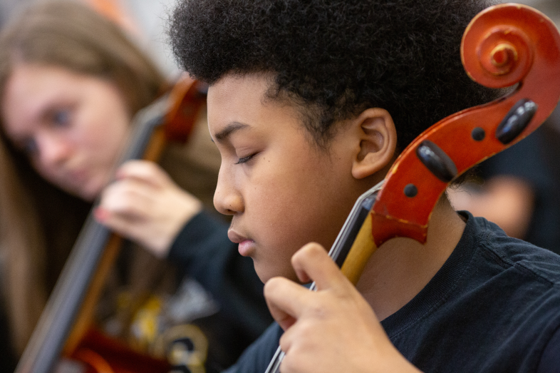 Two students passionately play violins.