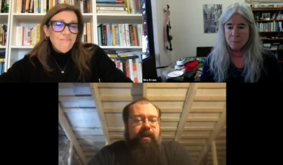 A webinar screenshot shows three people: two women and a male.
