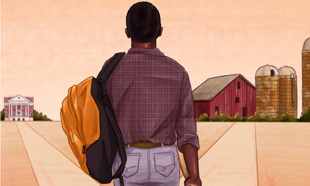 A graphic of a Black male student in a rural area.