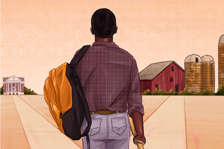 A graphic of a Black male student in a rural area.