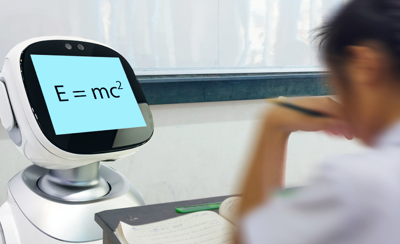 A girl sits at her school desk as a robot shows a math equation on its display.