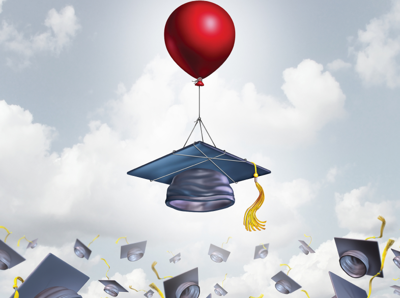 A balloon attached to a graduation cap floats upward into the sky.