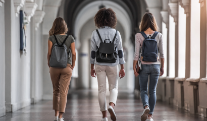 Three teens seen from the back as they walk through their school hallway.