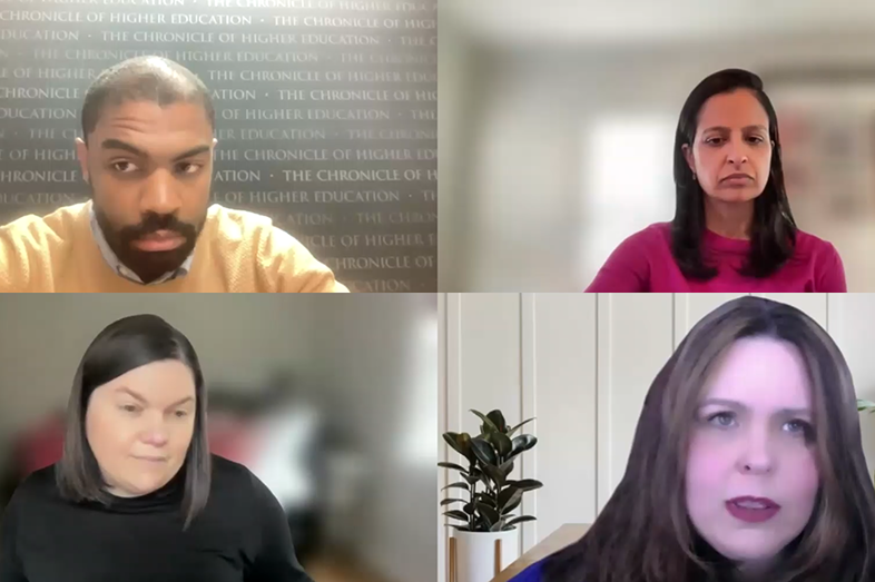 A screenshot of a webinar with three women and one man.