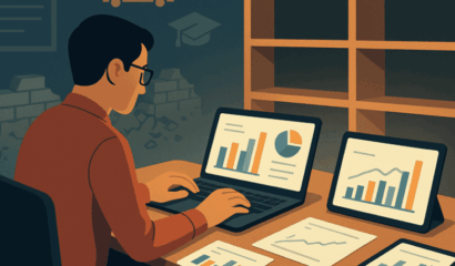 An illustration of a man sitting at his desk, viewing charts and graphs on computers.