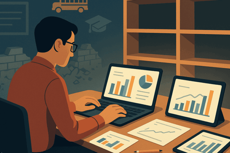 An illustration of a man sitting at his desk, viewing charts and graphs on computers.